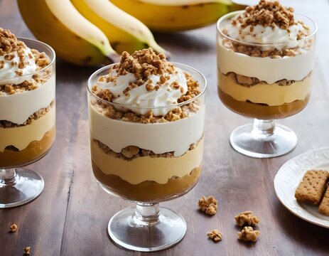 banana caramel pudding parfaits with whipped cream and brown cookie crumble