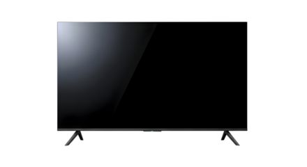 Modern flat screen television on legs against a stark black background