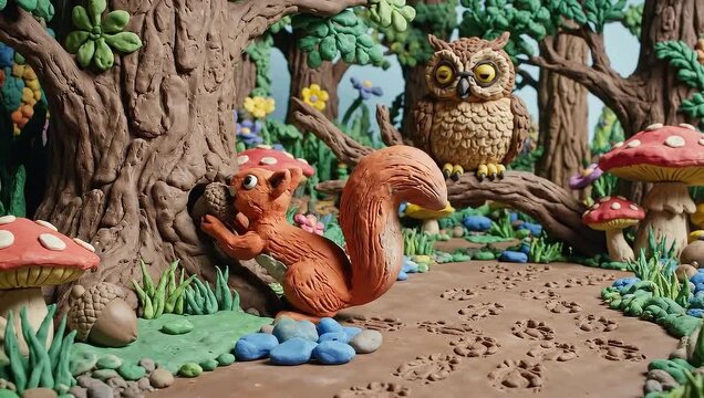 Enchanting Forest Scene with Claymation Squirrel and Owl.