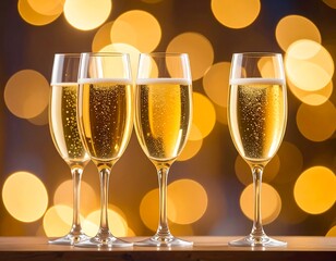 Four elegant champagne flutes against a bokeh of warm, golden lights