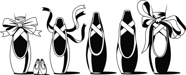 Collection of black and white ballet pointe shoes with ribbons and bows ballet shoes © Arafat