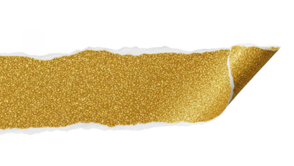 Gold glitter torn paper strip with curled corner on transparent background
