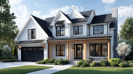 Fototapeta premium A beautiful modern farmhouse style home with white siding and black windows
