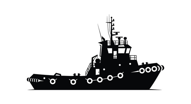 Detailed black silhouette of a powerful tugboat with prominent features and structural components silhouette