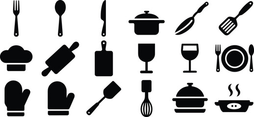Collection of black kitchen utensil and cookware icons on white background fork spoon