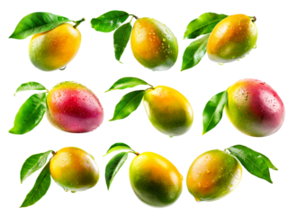 Set of mango with green leaves and water drops isolated on white transparent background