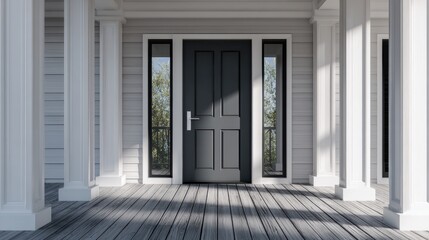A modern gray front door on a house porch with white columns and siding