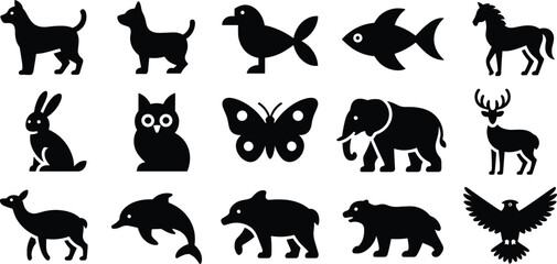 Collection of black animal silhouettes on white background bird fish
