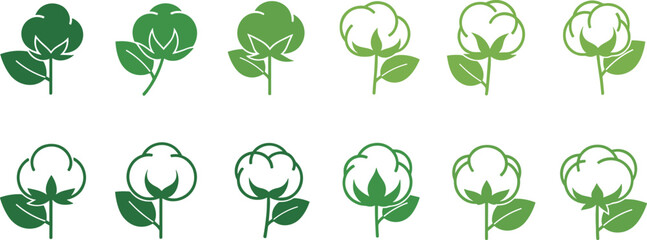 Collection of green cotton plant icons with leaves and bolls leaf