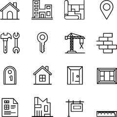 Collection of black outline icons related to real estate and construction house icon