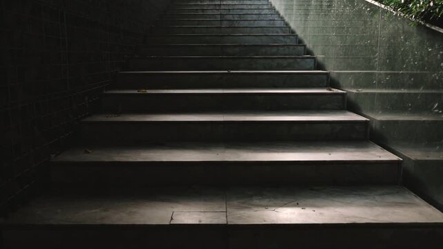 Stairway rising from darkness into light with cinematic mood. Stair Gait first person view