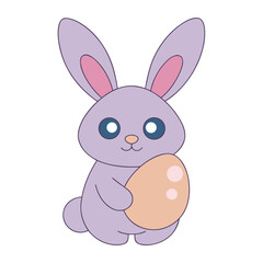 A cute cartoon purple rabbit holding a decorated easter egg for spring holiday celebration