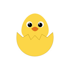 A simple illustration of a yellow chick emerging from a cracked egg on a white background