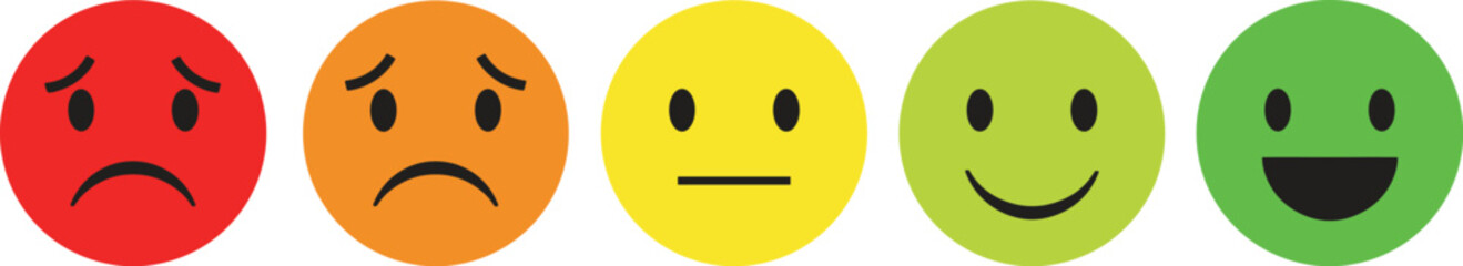 Five smiley faces showing a spectrum of emotions from sad to happy emoticon feeling
