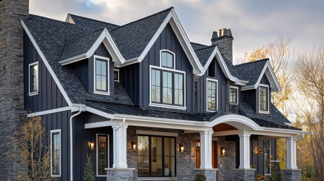 A beautiful custom house exterior featuring dark blue board and batten siding and stone accents