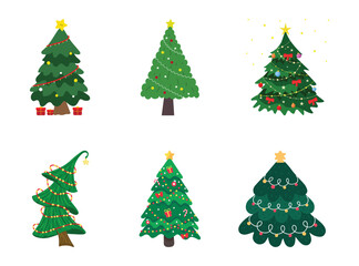 Fototapeta premium Set of Cute Cartoon Christmas Trees. Whimsical Green Pines with Red Bows, Candy and Lights. Flat Vector Illustration for Kids Holiday Stickers and Party Decor.