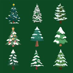 Snowy Christmas Tree Vector Set. Snow Capped Pine and Fir Illustrations on Green Background. Winter Forest Elements for Holiday Landscape Design.