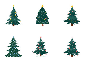 Obraz premium Set of Textured Dark Green Christmas Trees. Hand Drawn Pine and Fir Illustrations. Nordic Style Vector Elements for Winter Holiday Cards and Pattern Design.