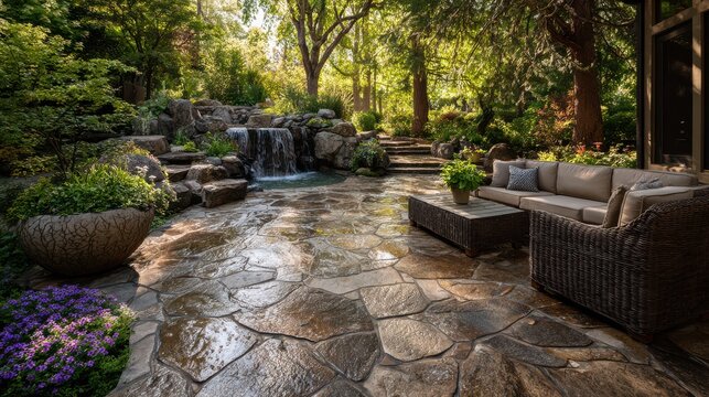 A peaceful backyard retreat featuring a stone waterfall and comfortable patio furniture