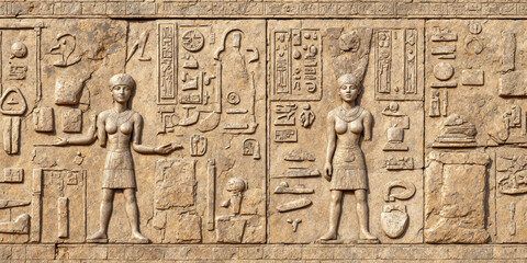 Ancient Egyptian Hieroglyphs Carved Stone Texture Background Historical Pattern Art A close-up background texture showing intricate Ancient Egyptian hieroglyphs and