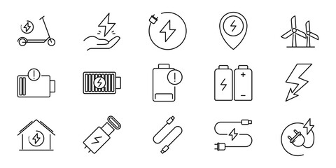 Electric Vehicle Charging Symbols, Battery Icons, and Renewable Energy Elements