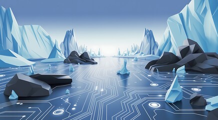 Digital arctic landscape with circuit patterns and geometric ice formations