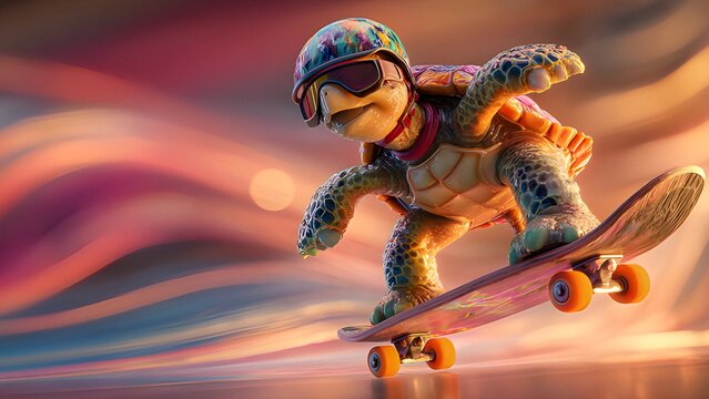 Stunt turtle on a skateboard