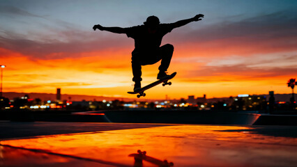 Skateboarder silhouette performing aerial trick against vibrant orange sunset sky over blurred city skyline at dusk extreme sports action photography urban lifestyle background