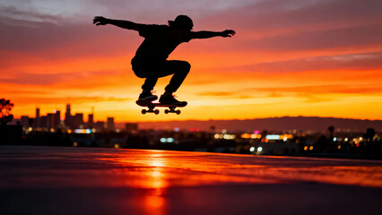 Skateboarder silhouette performing aerial trick against vibrant orange sunset over distant city skyline with blurred lights and dramatic reflection on ground surface below