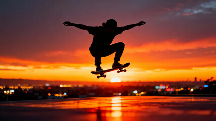 Skateboarder silhouette performing an aerial trick against a vibrant orange and purple sunset over a blurred city skyline at dusk capturing extreme sports freedom and urban adventure