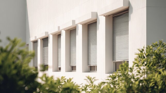 A row of windows covered by modern roller shutters on a minimalist white building facade