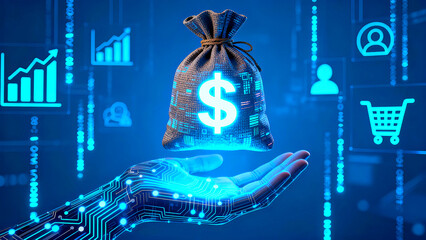 Digital finance concept money bag held by glowing circuit hand surrounded by glowing blue icons representing growth charts user profiles and online shopping carts illustrating fintech success and virt
