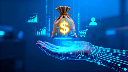 Digital finance concept glowing money bag with dollar sign held by a futuristic circuit board hand surrounded by holographic icons for growth users and shopping representing fintech success and online