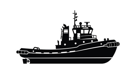Detailed depiction of a powerful tugboat showcasing its form in a striking black silhouette