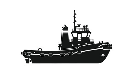 A striking black silhouette of a powerful tugboat navigating calm waters detailed ship illustration silhouette