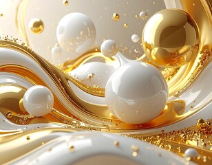 Glossy spheres float among swirling gold and white liquid forms