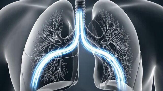 Human respiratory system illustration showcasing glowing blue airflow through the trachea and translucent lungs