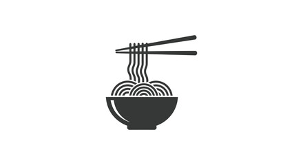 A minimalist black and white illustration of noodles in a bowl with chopsticks silhouette