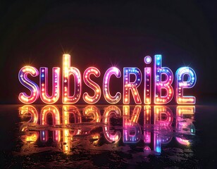 Illuminated, colorful "SUBSCRIBE" text with reflection against dark backdrop