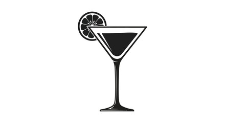 A striking black and white illustration of a classic cocktail glass with citrus silhouette