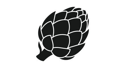 A striking black and white illustration of an artichoke depicted in a bold silhouette