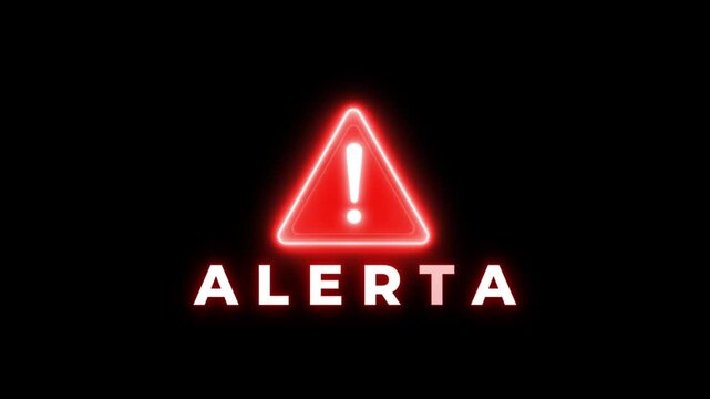 NEON Red glowing warning triangle sign with text alerta and exclamation mark on transparent background.