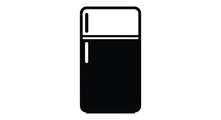 A simple black and white illustration of a modern refrigerator in a flat design silhouette