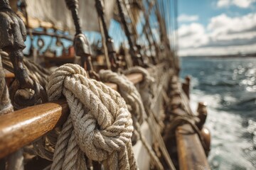 Obraz premium View from the deck of a historic sailing ship showing beautiful ropes and sparkling water