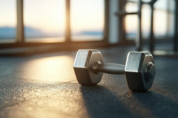 Dumbbell resting on the gym floor with natural light streaming through the windows at sunset