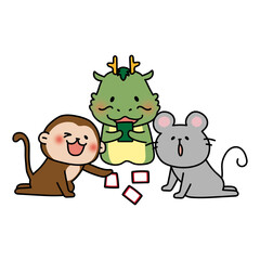 お正月にカルタで遊ぶ猿とネズミとかわいい龍