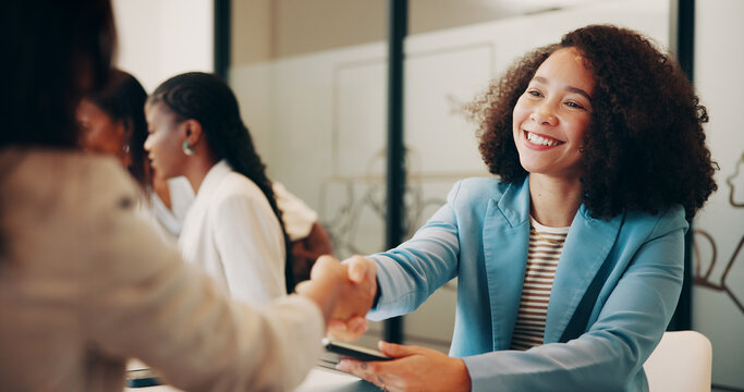 Handshake, smile and meeting with business woman in office for welcome, thank you and teamwork. Shaking hands, partnership and introduction with employees in agency for workshop and collaboration