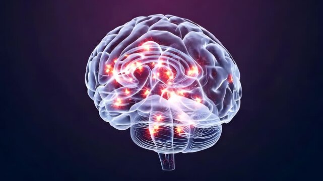 A glowing transparent brain with red hot spots on a dark background showing neurological activity