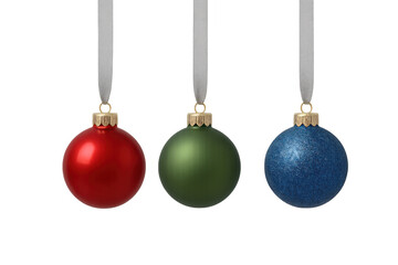 Christmas ornaments with gold caps and ribbons. Red, green, and blue baubles hanging, creating a festive holiday atmosphere