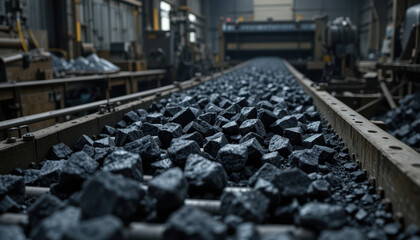 Coal processing action in industrial facility machinery environment close-up view of conveyor belt with raw material